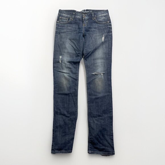 Y2K GUESS Jeans Sz 24 Distressed Low Rise STARLET Skinny Leg Dark Blue - Picture 1 of 15